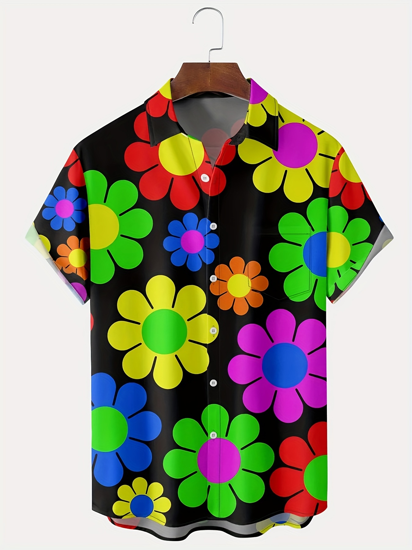 mens colorful daisy pattern hawaiian button down shirt chic lapel casual tee top plus size men clothing details 1