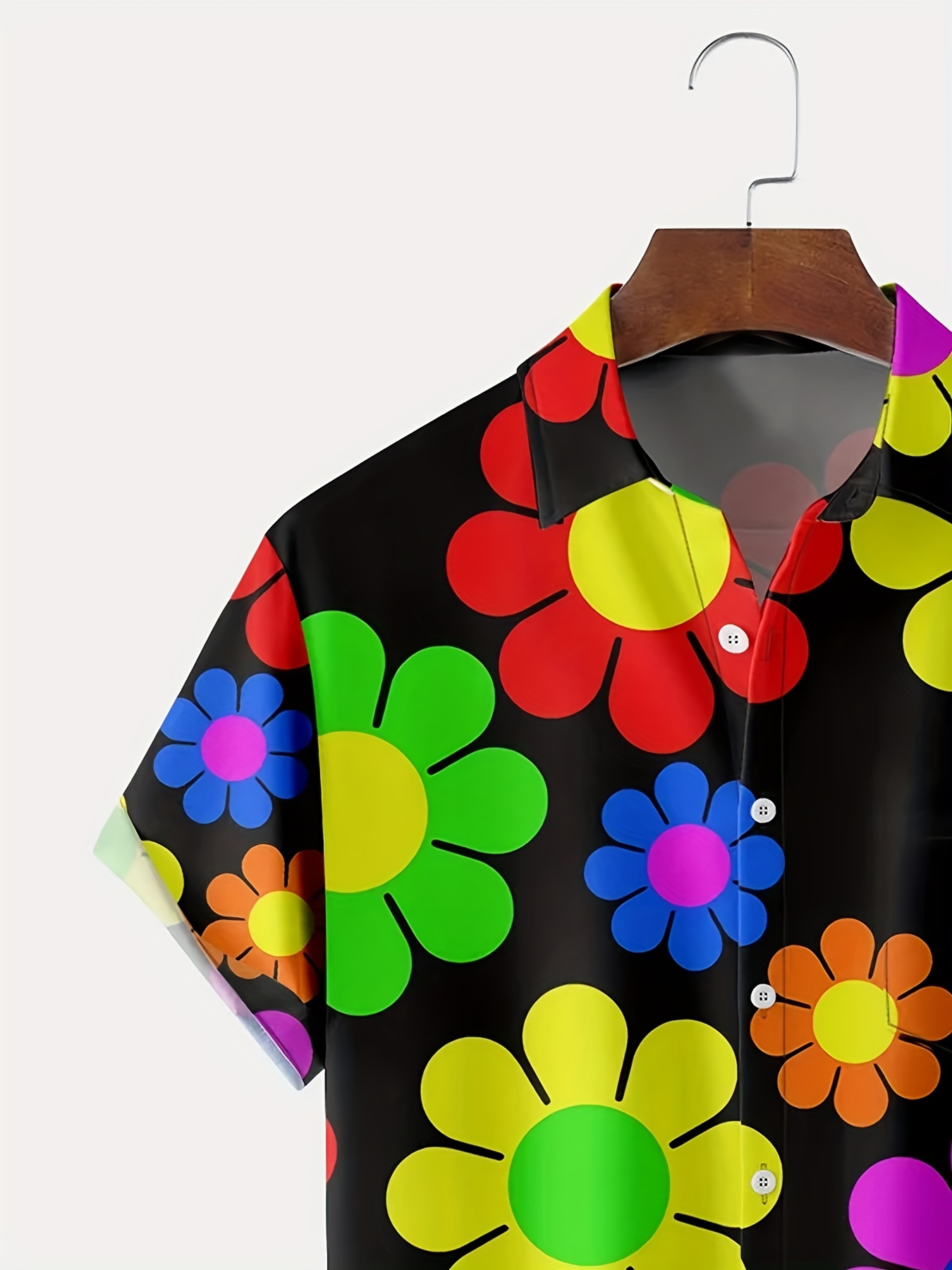 mens colorful daisy pattern hawaiian button down shirt chic lapel casual tee top plus size men clothing details 2