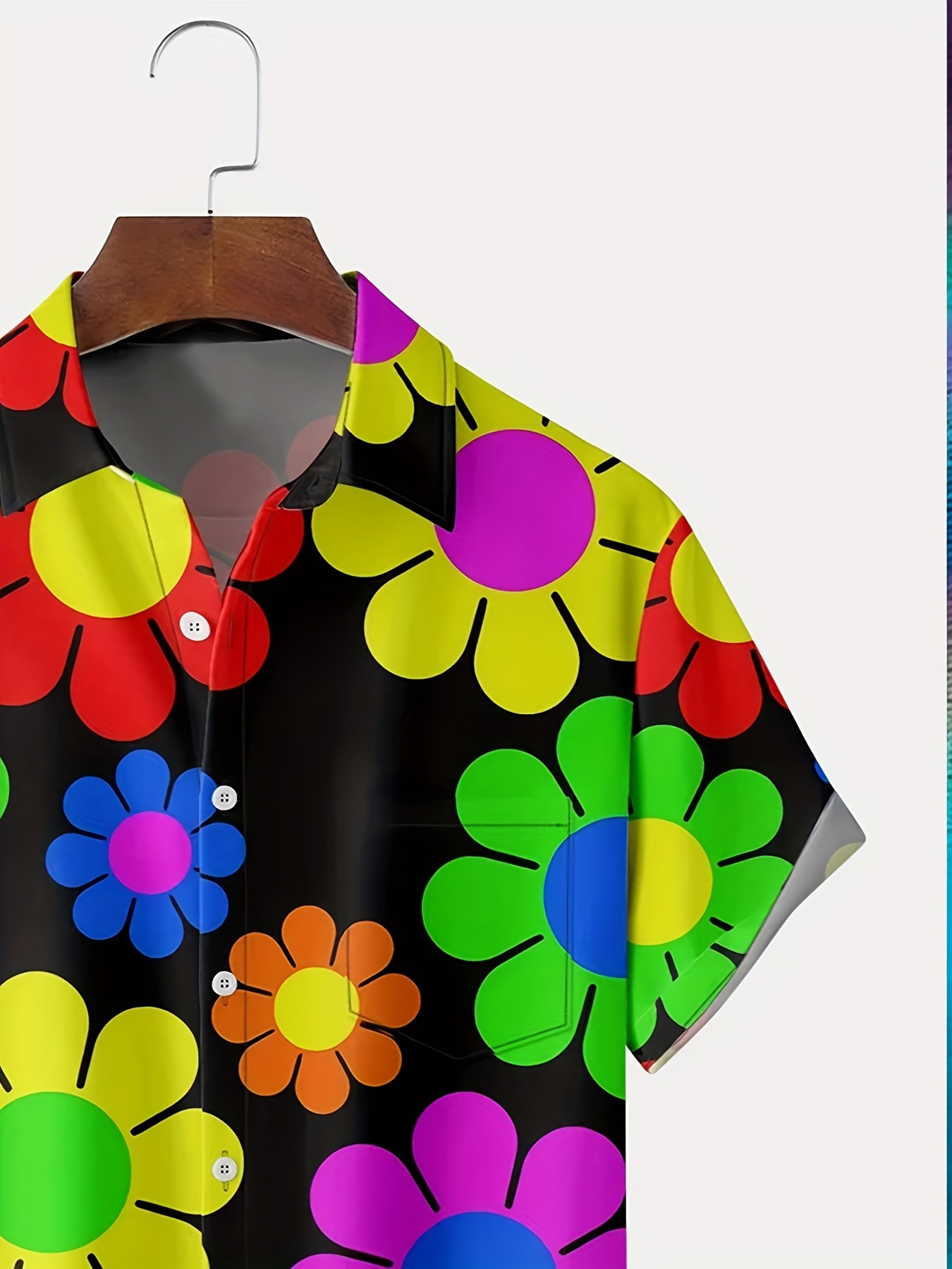 mens colorful daisy pattern hawaiian button down shirt chic lapel casual tee top plus size men clothing details 3