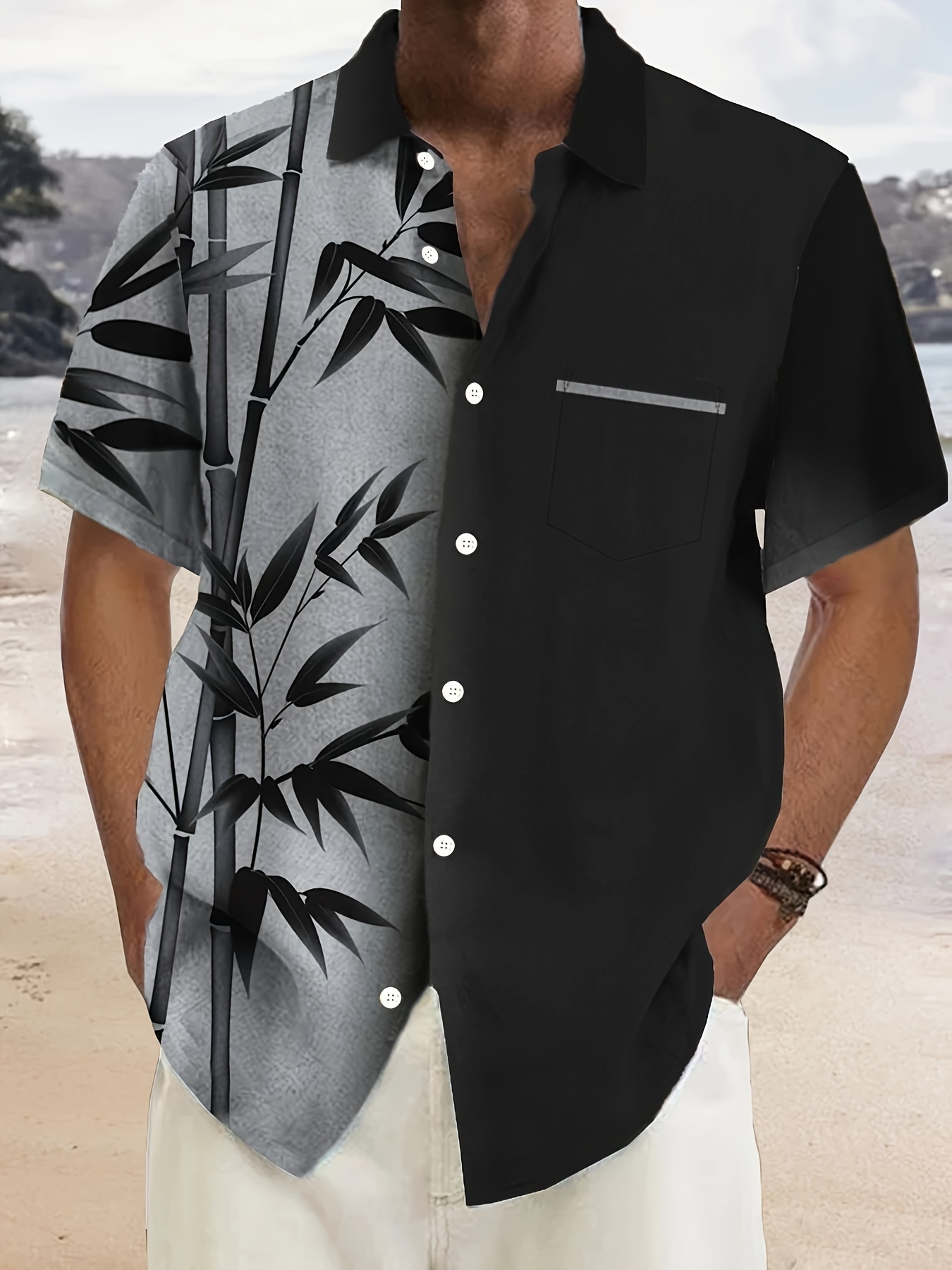 plus size mens bamboo print shirt fashion casual short sleeve shirt for summer details 1