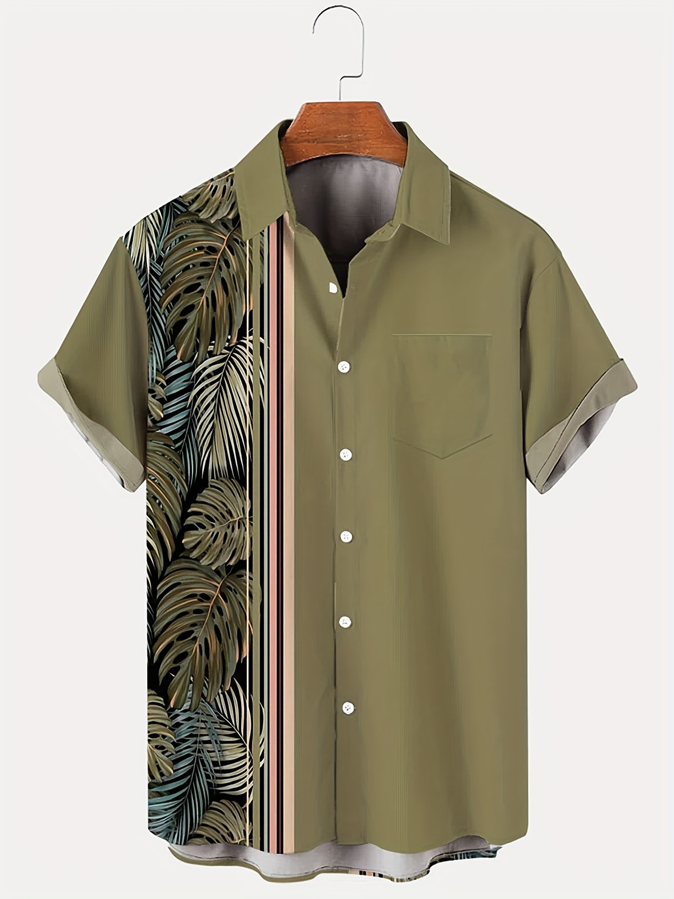 tropical plant splicing hawaiian button shirt mens fashion comfy tee for vacation leisurewear details 1