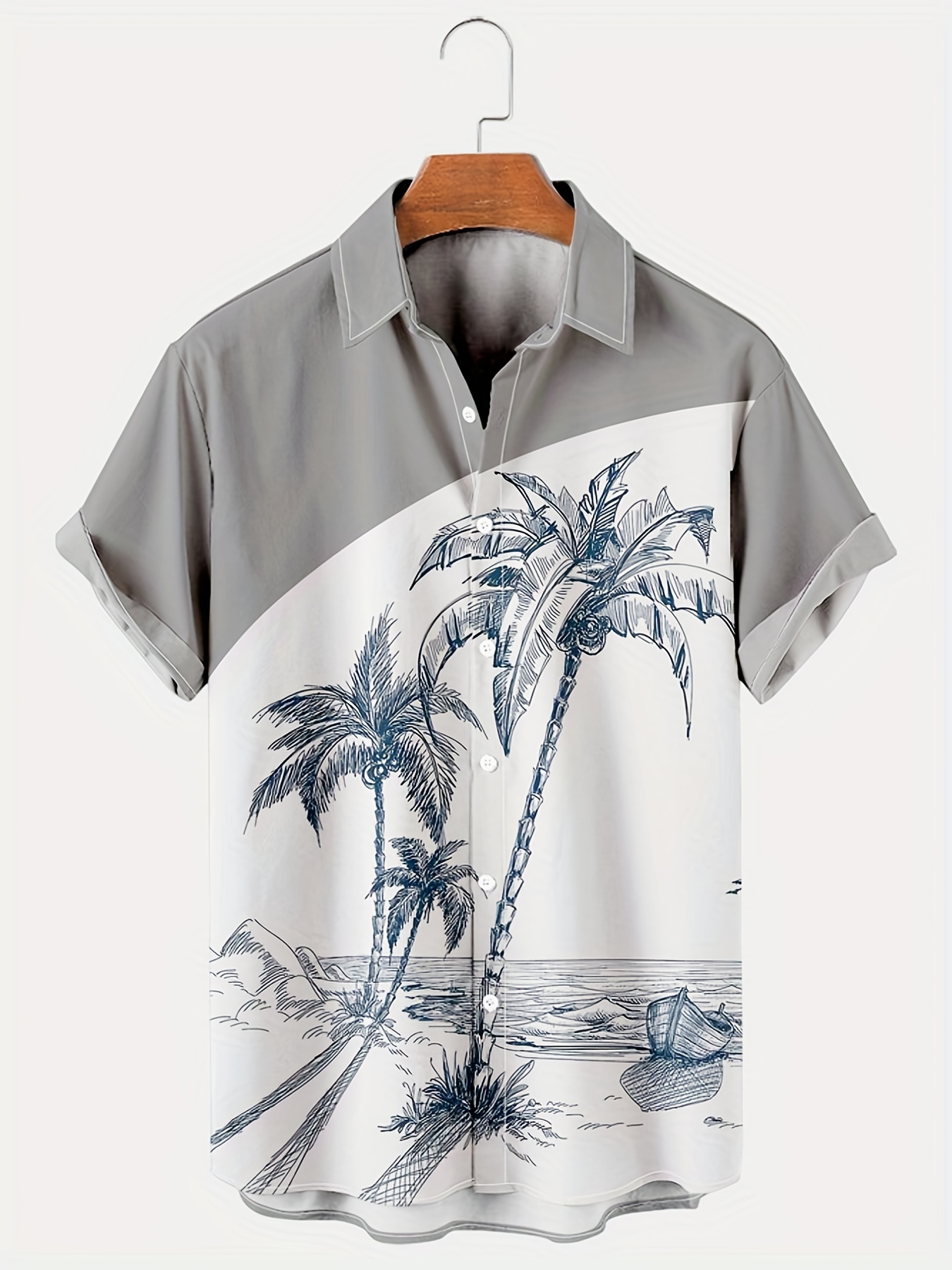 plus size mens casual trendy short sleeve coconut tree printing shirt with button details 1