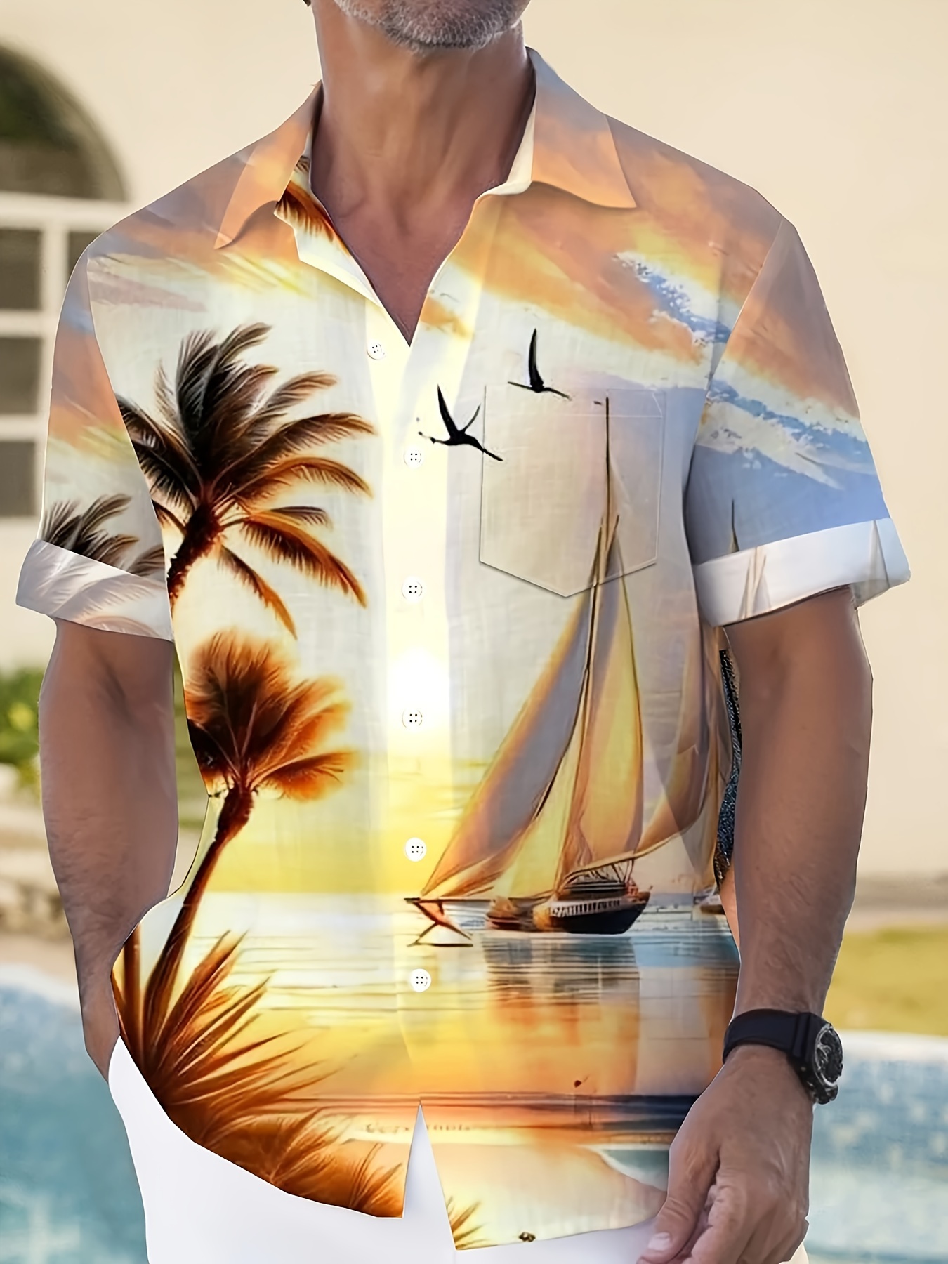 plus size mens coastal shinning graphic print shirt summer trendy short sleeve shirt details 3